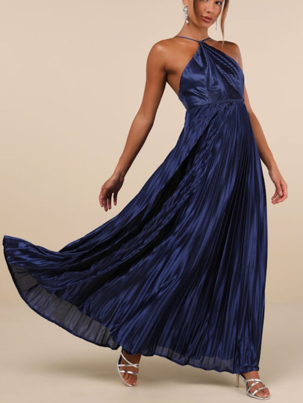 Lulus Elaborate Charm Navy Blue Satin Pleated Backless Maxi Dress - Size S